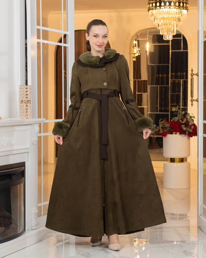 Luxus Wildleder-Optik Mantel mit Kaninchenfell-Futter 1373 - Khaki