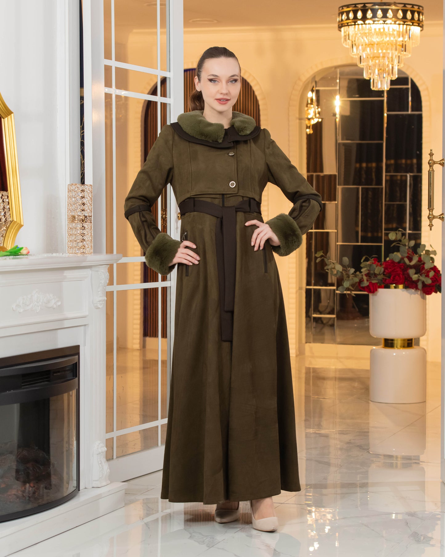 Luxus Wildleder-Optik Mantel mit Kaninchenfell-Futter 1373 - Khaki