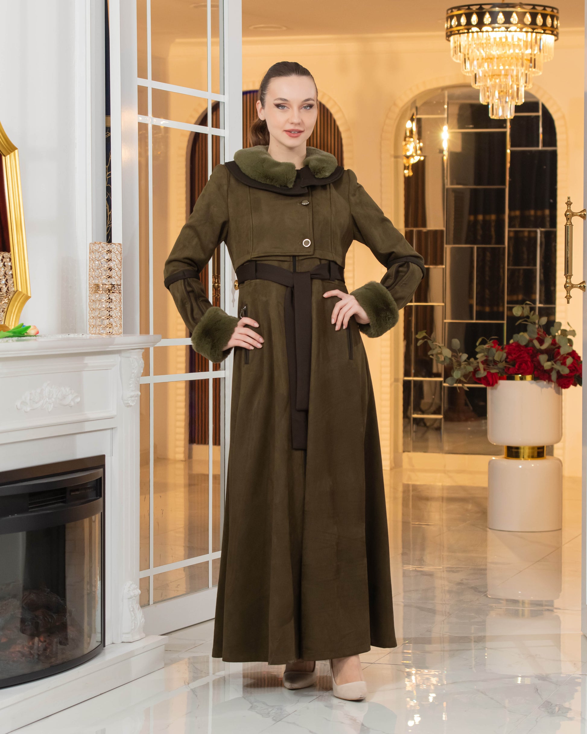 Luxus Wildleder-Optik Mantel mit Kaninchenfell-Futter 1373 - Khaki