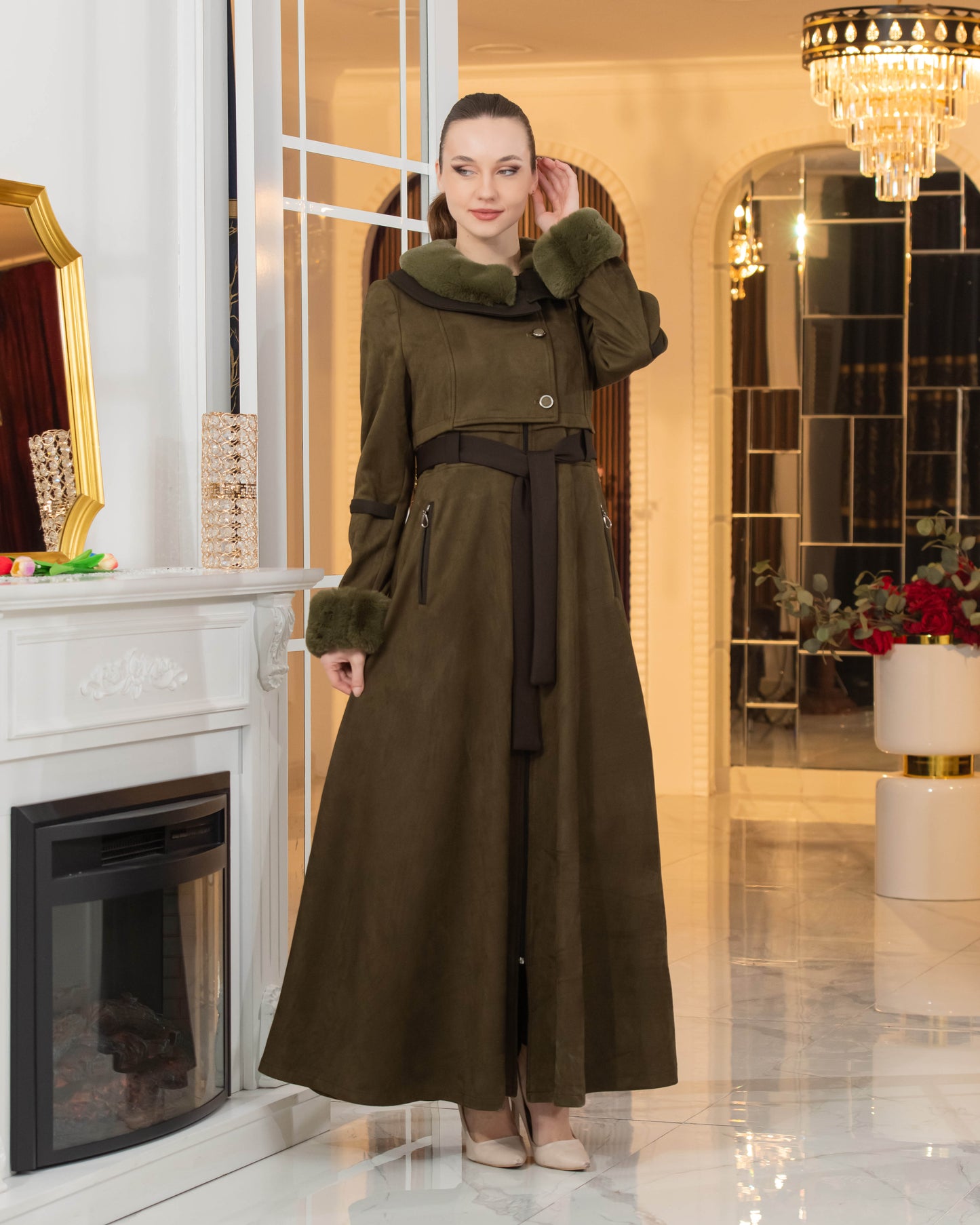 Luxus Wildleder-Optik Mantel mit Kaninchenfell-Futter 1373 - Khaki