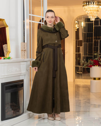 Luxus Wildleder-Optik Mantel mit Kaninchenfell-Futter 1373 - Khaki