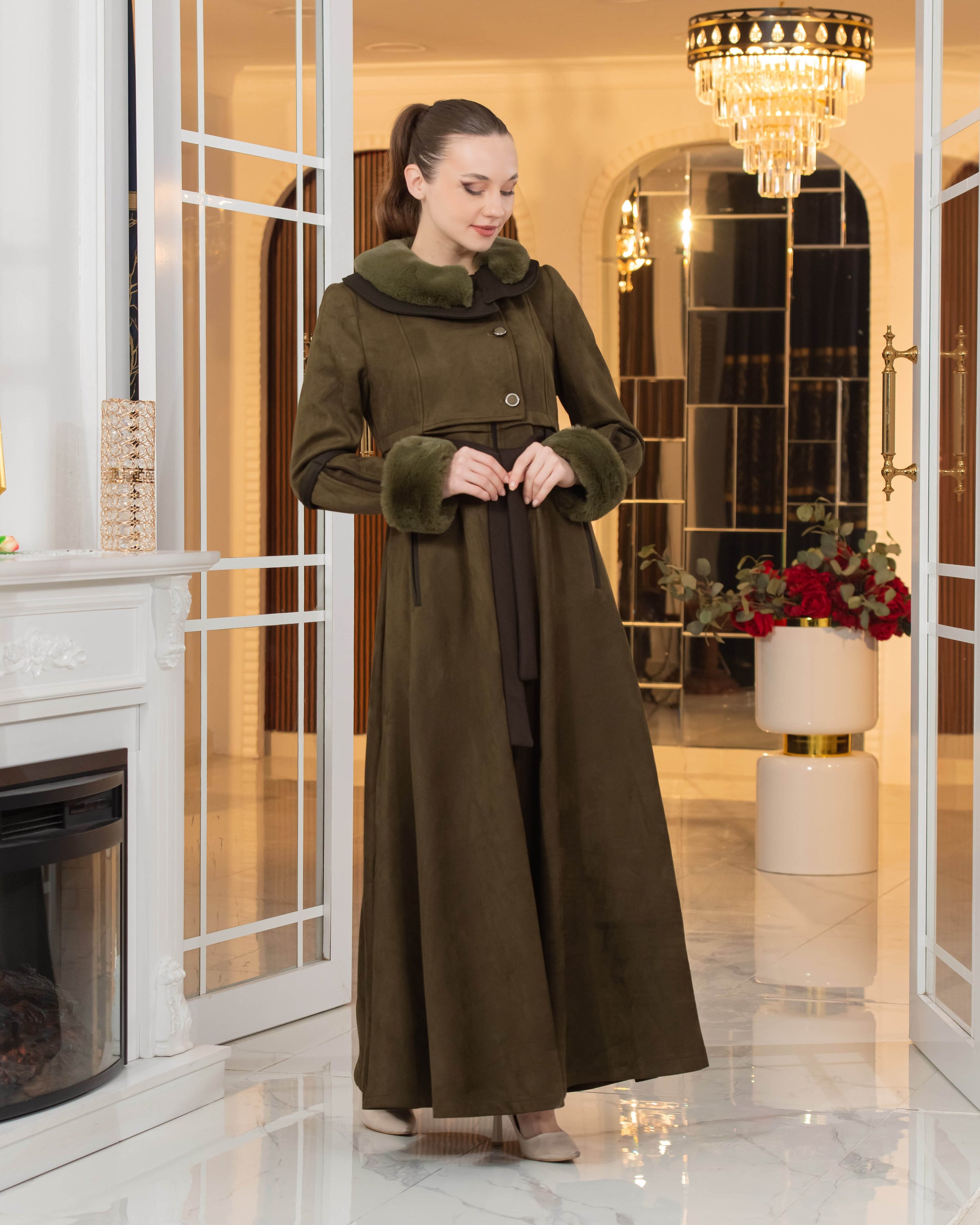 Luxus Wildleder-Optik Mantel mit Kaninchenfell-Futter 1373 - Khaki