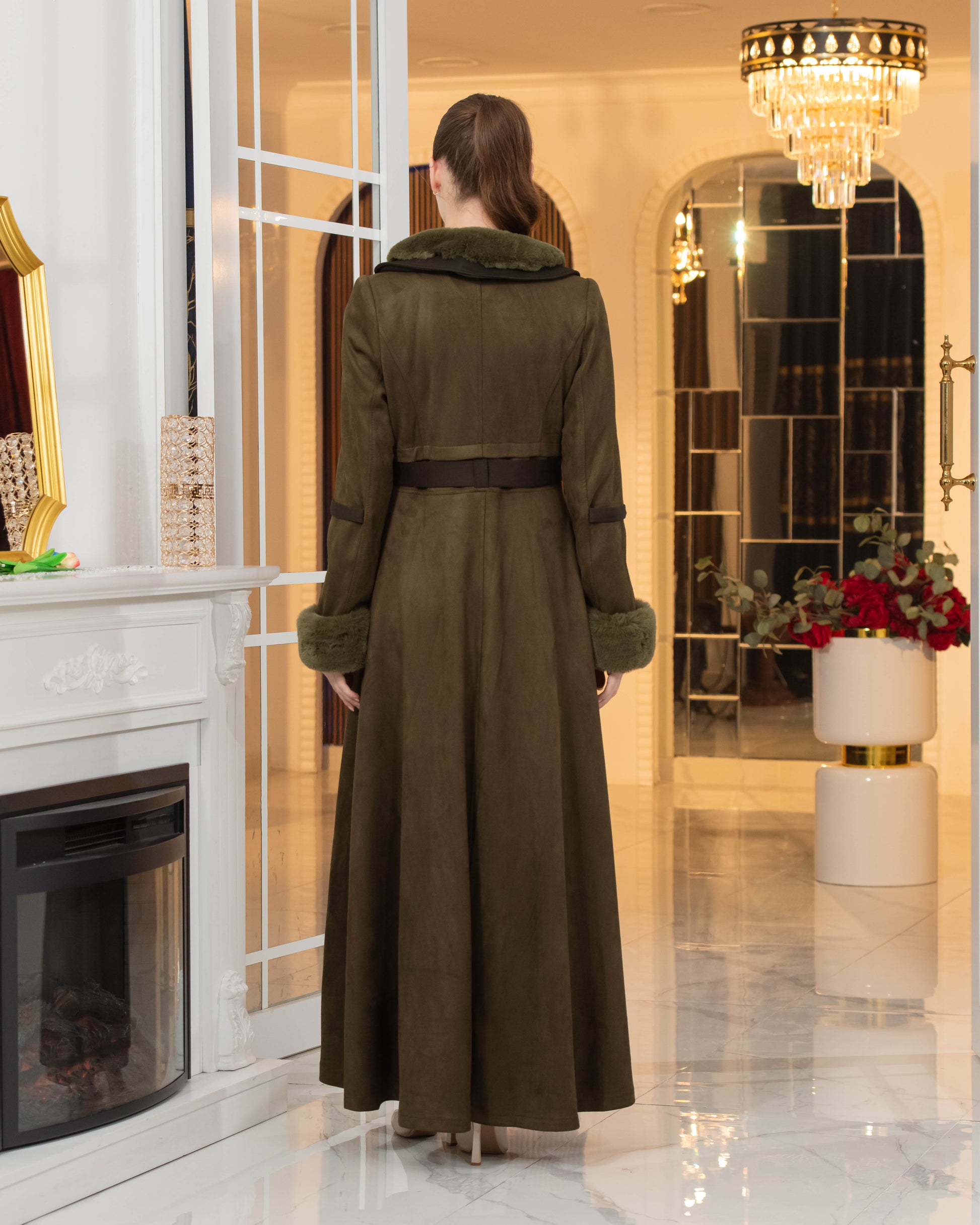 Luxus Wildleder-Optik Mantel mit Kaninchenfell-Futter 1373 - Khaki