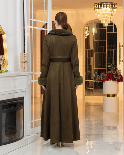 Luxus Wildleder-Optik Mantel mit Kaninchenfell-Futter 1373 - Khaki