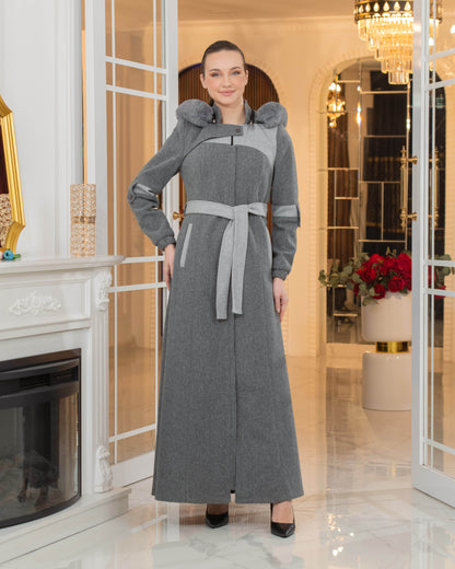 Langer Wollmantel mit Kaninchenfellfutter 1374 - Anthrazit