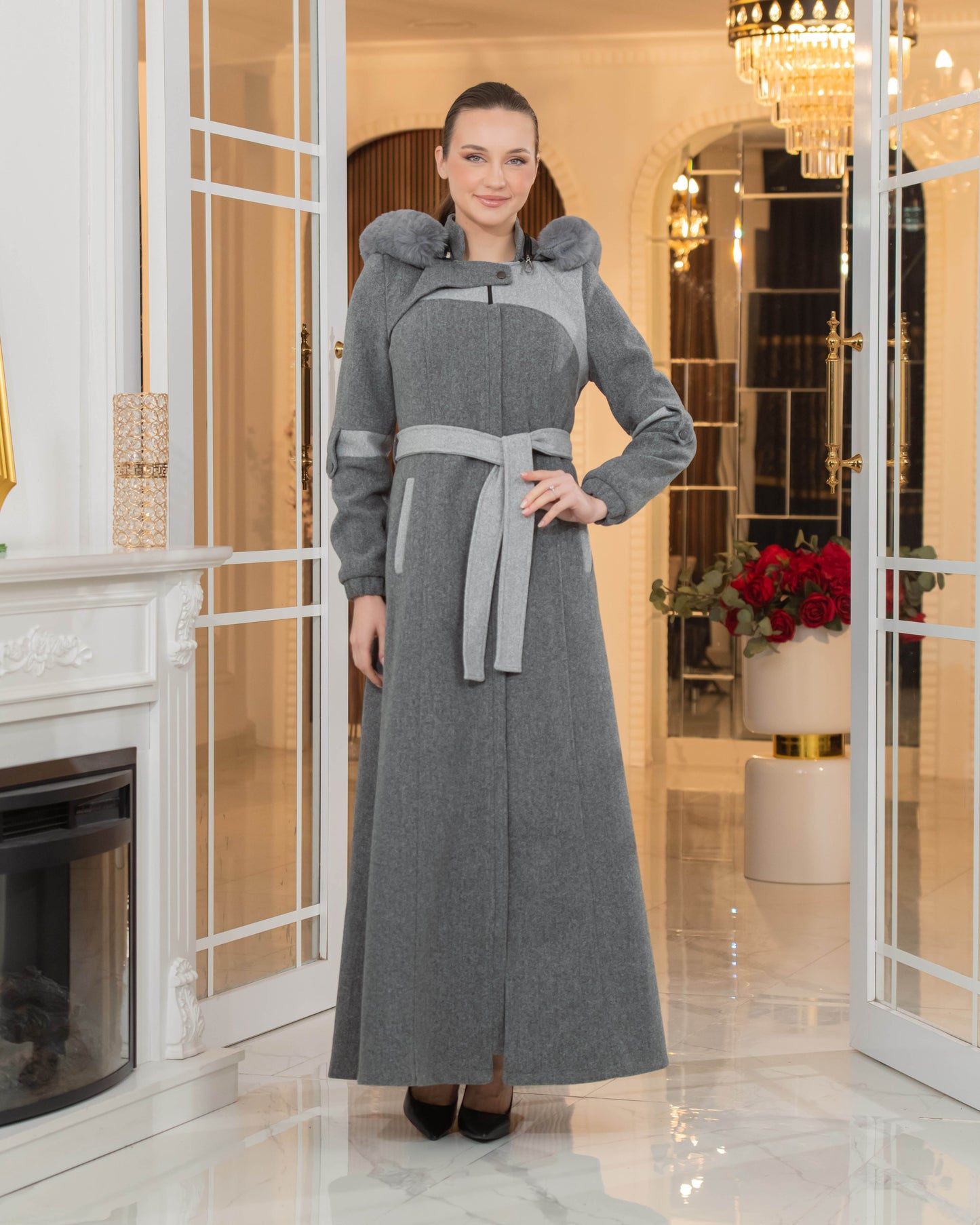 Langer Wollmantel mit Kaninchenfellfutter 1374 - Anthrazit