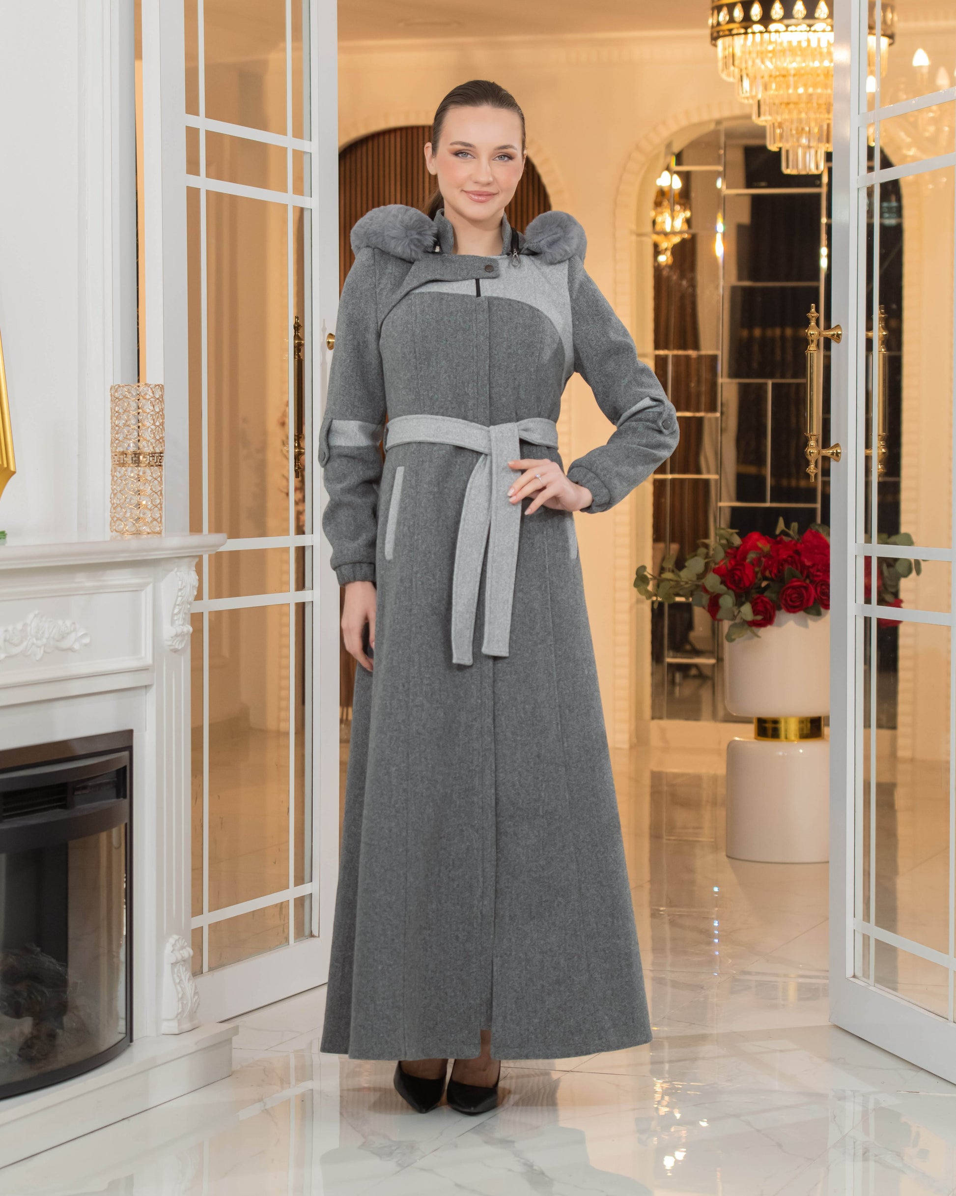 Langer Wollmantel mit Kaninchenfellfutter 1374 - Anthrazit