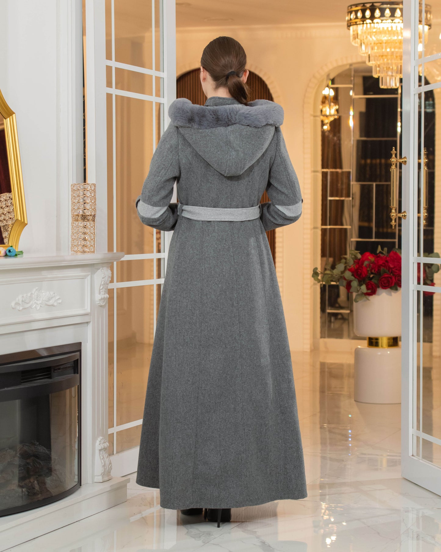 Langer Wollmantel mit Kaninchenfellfutter 1374 - Anthrazit