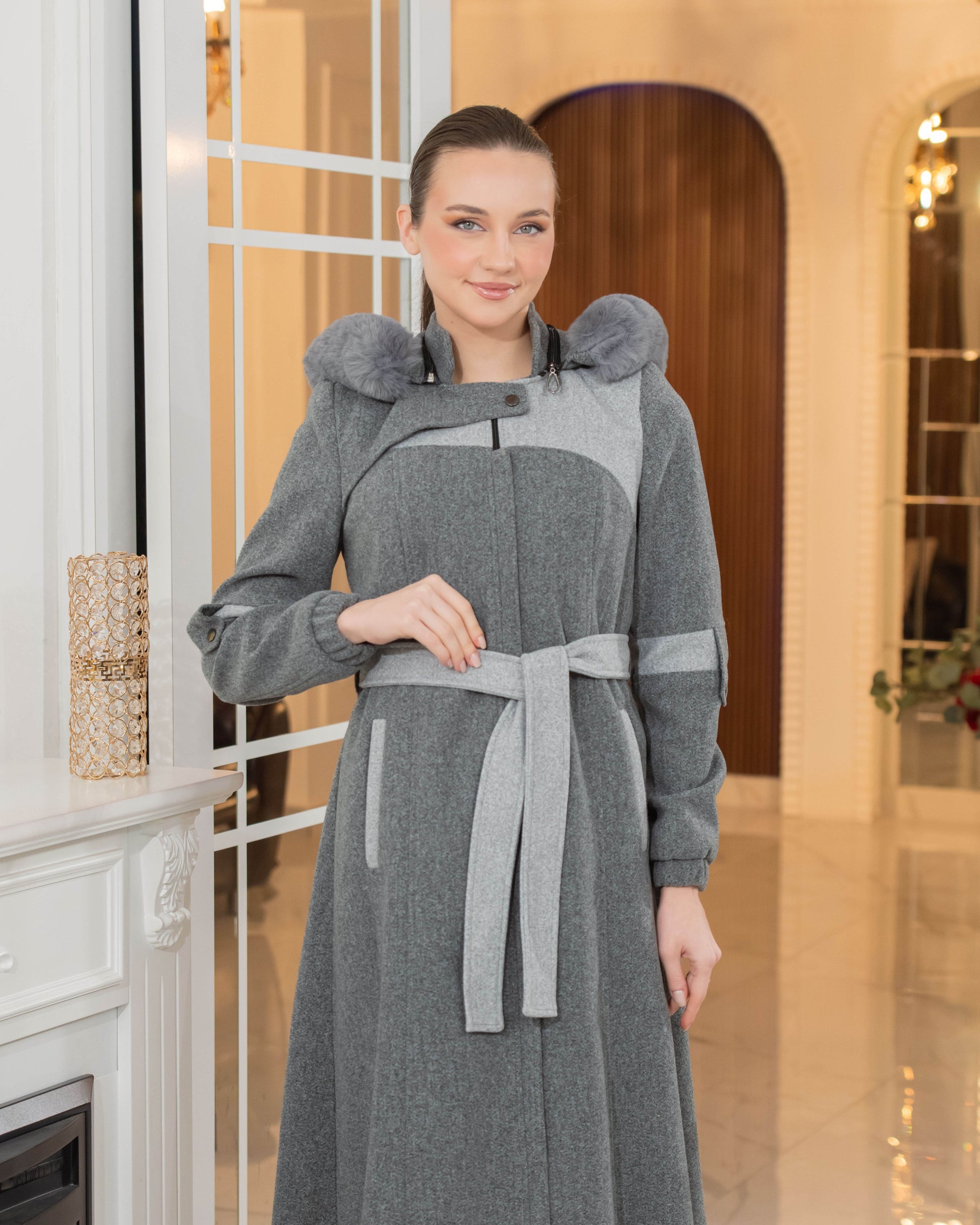 Langer Wollmantel mit Kaninchenfellfutter 1374 - Anthrazit