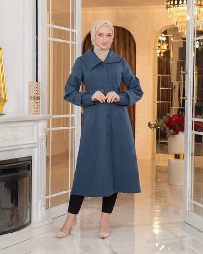 Winter-Trenchcoat mit Fellfutter, Knöpfen und Puffärmeln 1378 - Dunkelblau