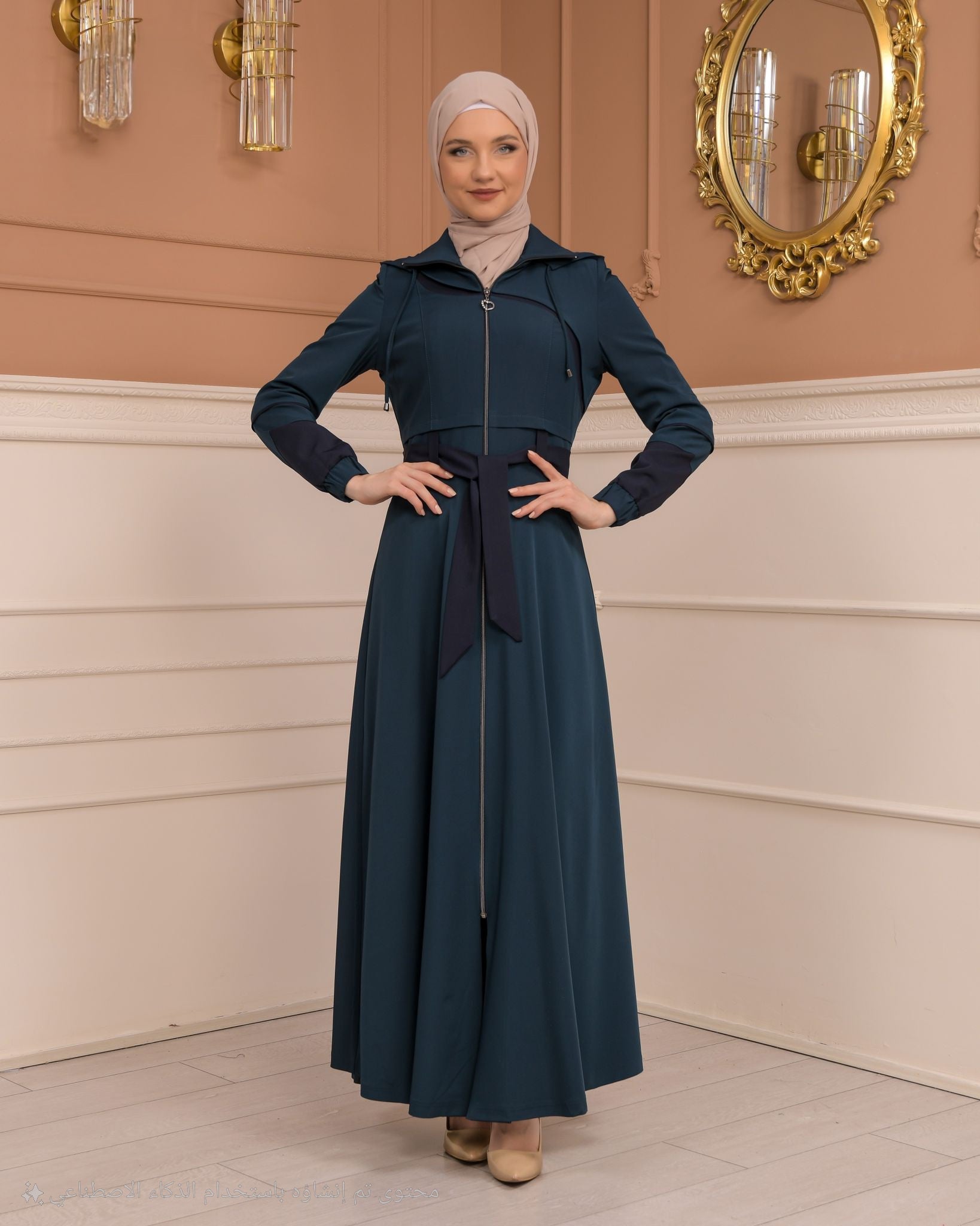 Eleganter brada-Manto mit Satinfutter und abnehmbarer Kapuze 1234 - Türkis