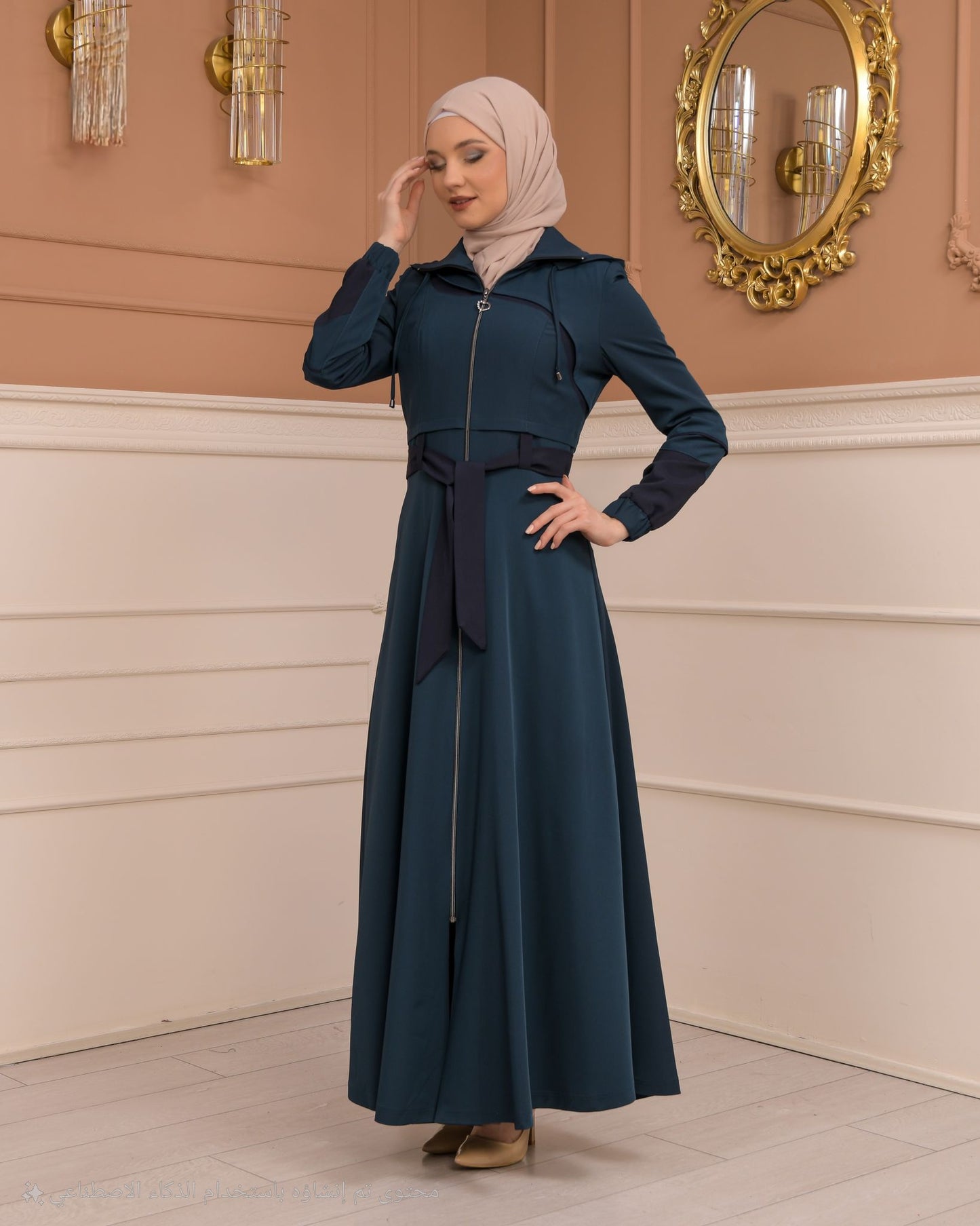 Eleganter brada-Manto mit Satinfutter und abnehmbarer Kapuze 1234 - Türkis