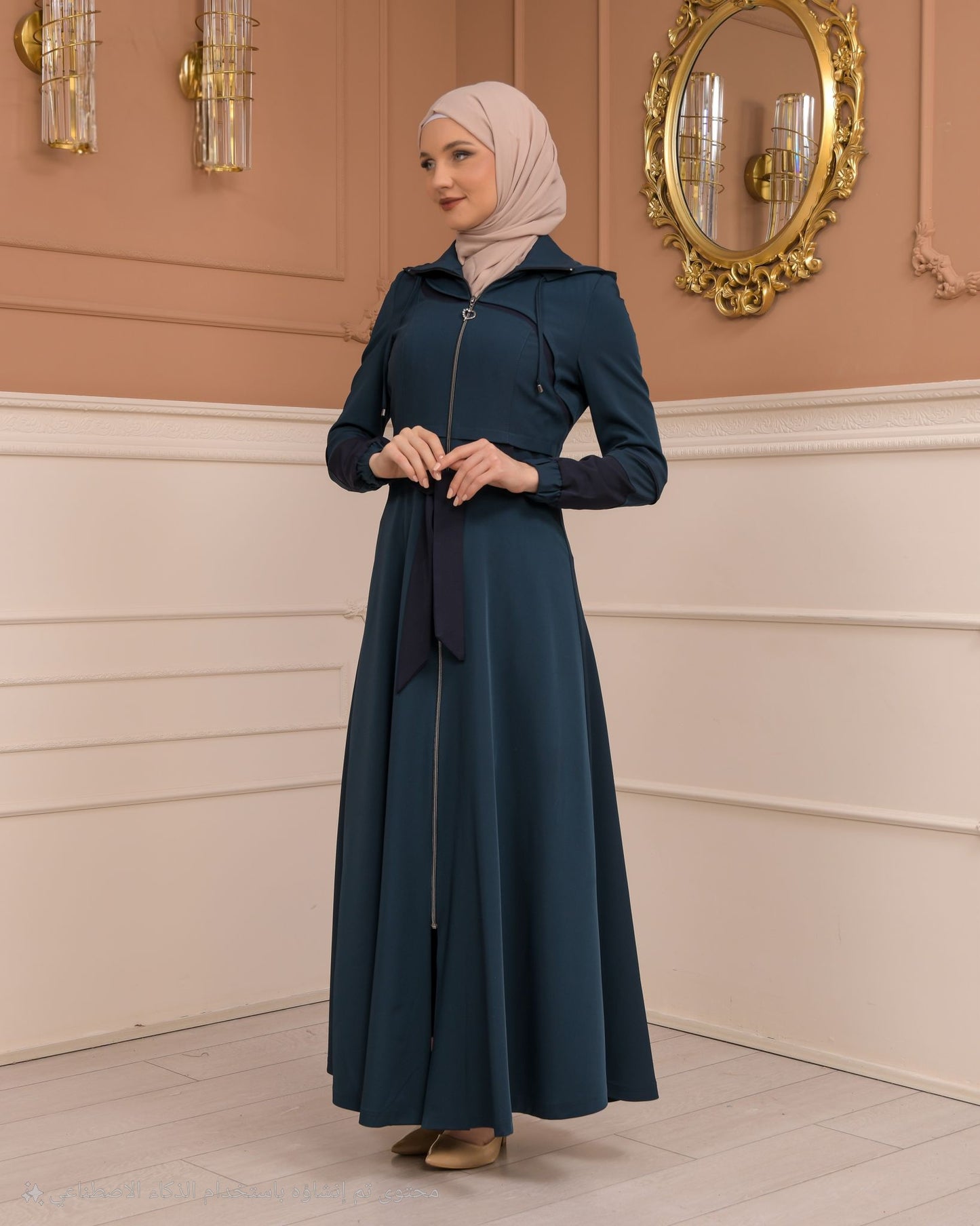 Eleganter brada-Manto mit Satinfutter und abnehmbarer Kapuze 1234 - Türkis