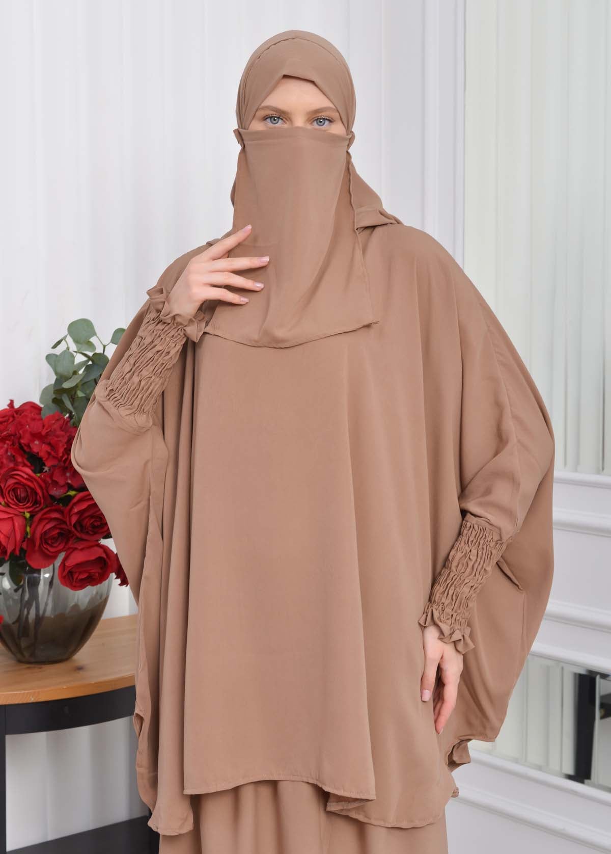 Muslim Hijab Dresses For Women -Standard Size Hooded Veiled Sheet 824 - Tahini