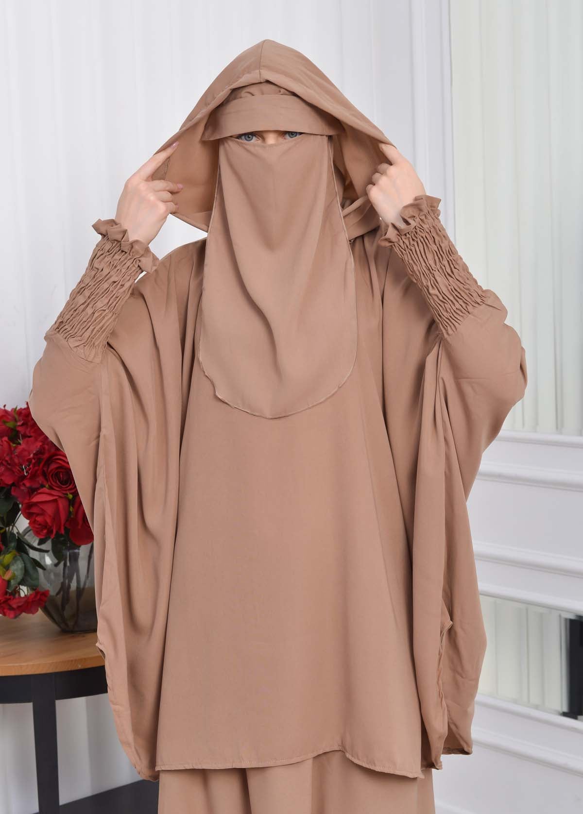 Muslim Hijab Dresses For Women -Standard Size Hooded Veiled Sheet 824 - Tahini