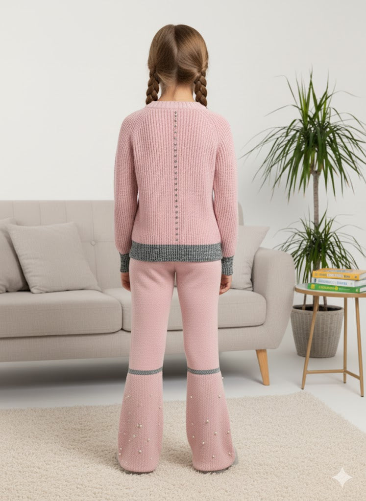 Mädchen Winter Strickset mit Perlenstickerei 3108 - Rosa