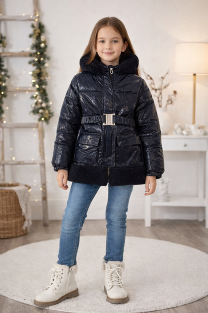 Mädchen Regenjacke mit weichem Fellfutter und Kapuze 5008 - Dunkelblau