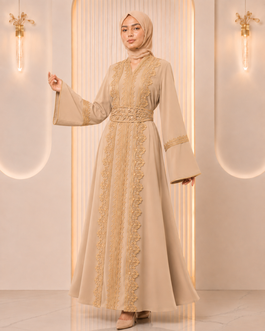 4131  قفطان قطعتين تاج - Beige