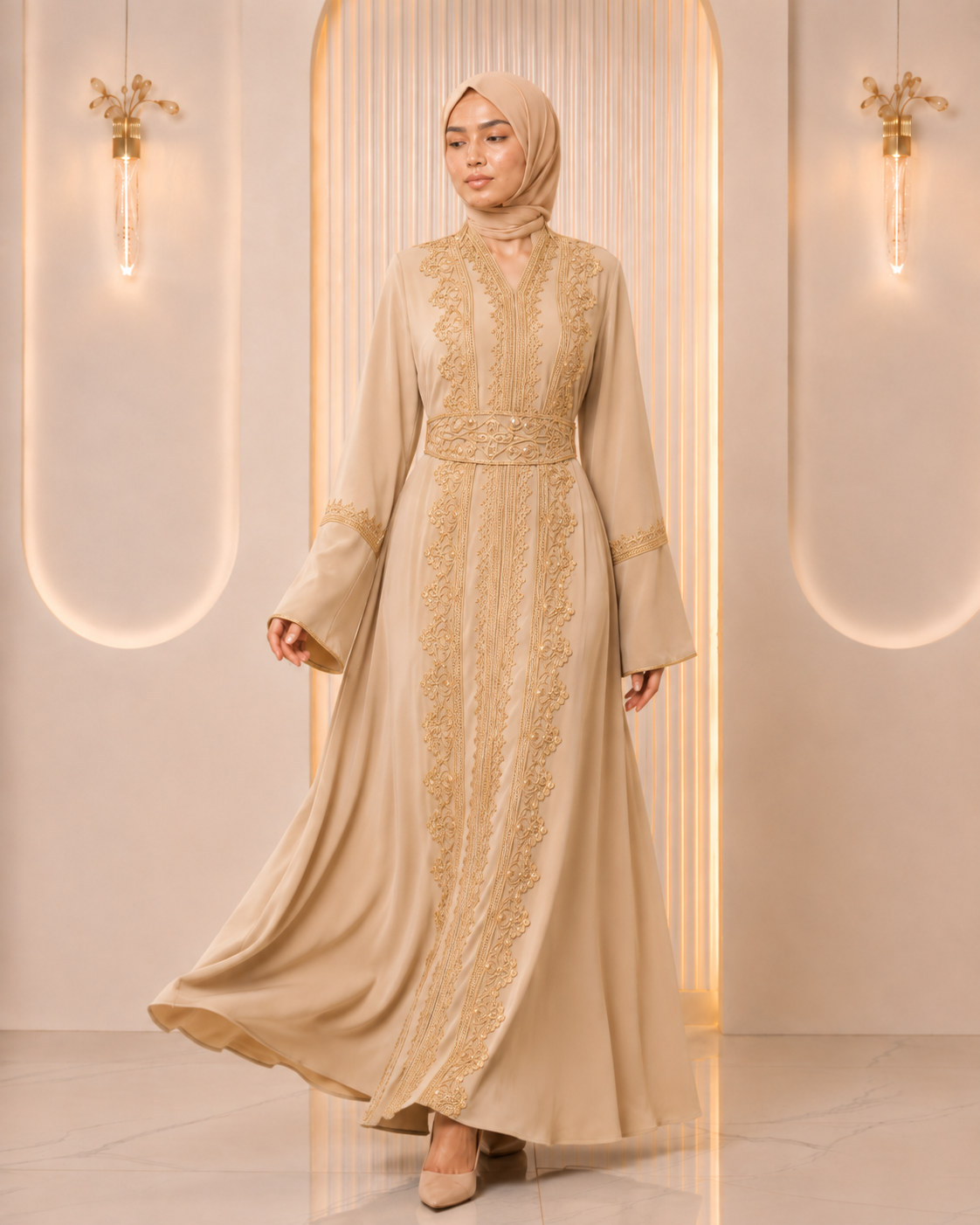4131  قفطان قطعتين تاج - Beige