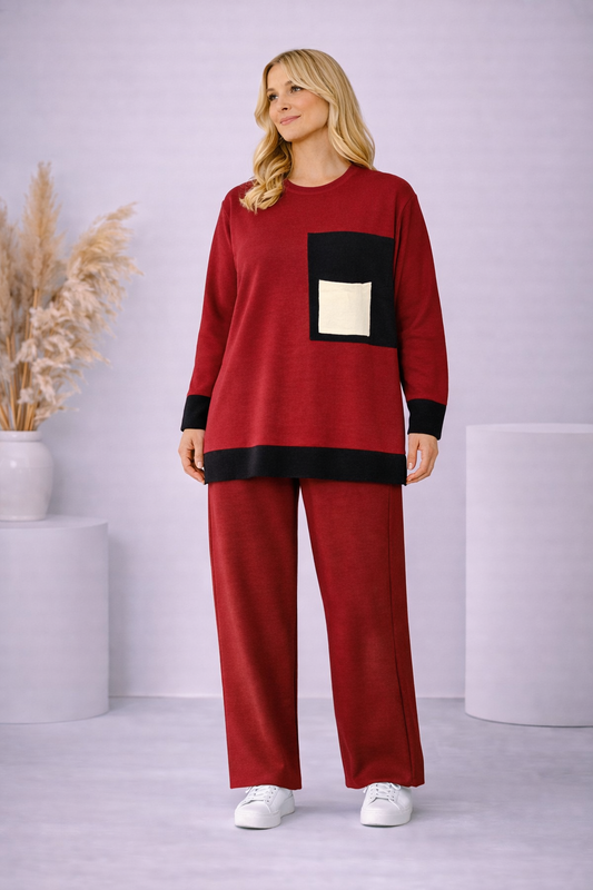 Modernes zweiteiliges Damen-Strickset mit Farbakzenten 4203 - Bordeaux