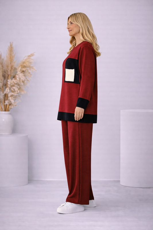 Modernes zweiteiliges Damen-Strickset mit Farbakzenten 4203 - Bordeaux