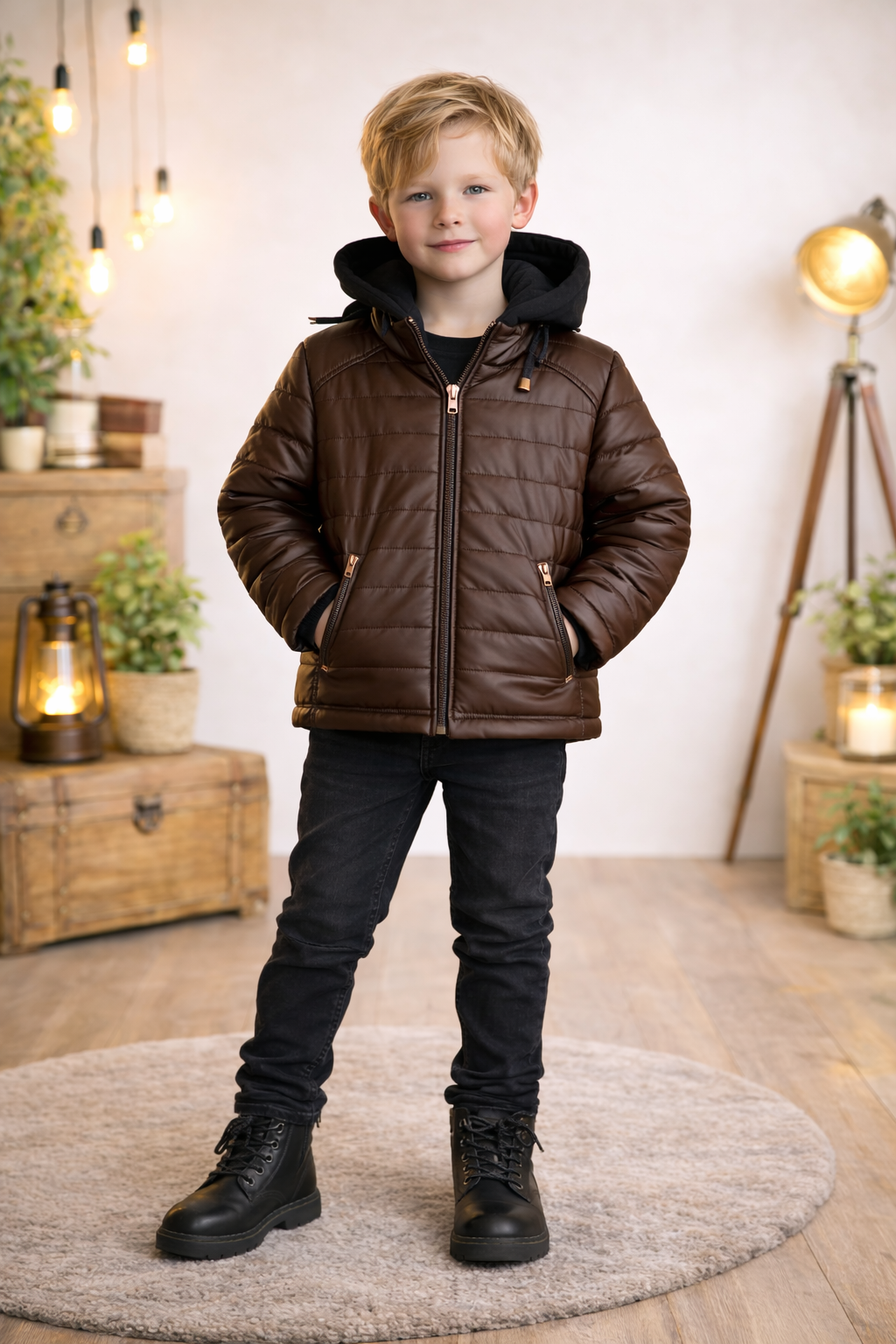 Jungen Steppjacke mit Fellfutter und Kapuze 5122 - Braun