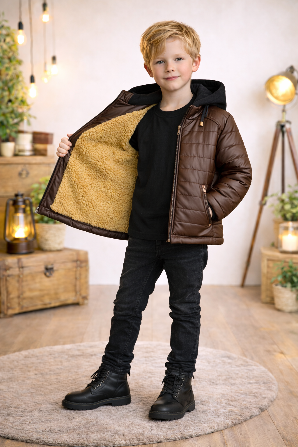 Jungen Steppjacke mit Fellfutter und Kapuze 5122 - Braun