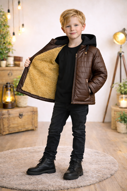 Jungen Steppjacke mit Fellfutter und Kapuze 5122 - Braun