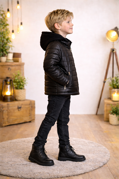 Jungen Steppjacke mit Fellfutter und Kapuze 5122 - Schwarz