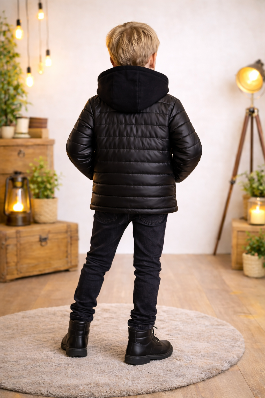 Jungen Steppjacke mit Fellfutter und Kapuze 5122 - Schwarz