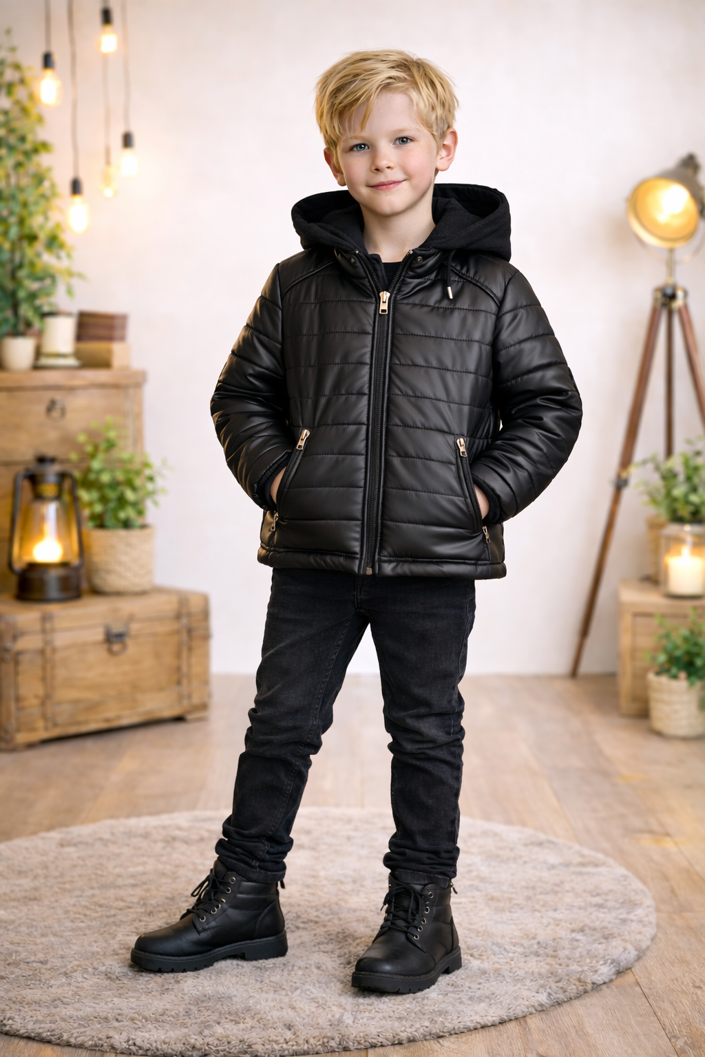 Jungen Steppjacke mit Fellfutter und Kapuze 5122 - Schwarz
