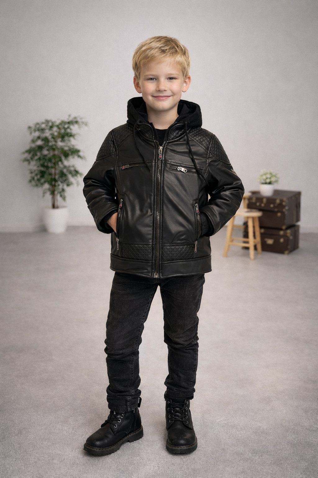 Jungen Lederjacke mit Fellfutter und Kapuze 5121 - Schwarz