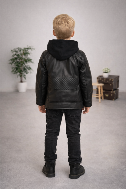 Jungen Lederjacke mit Fellfutter und Kapuze 5121 - Schwarz