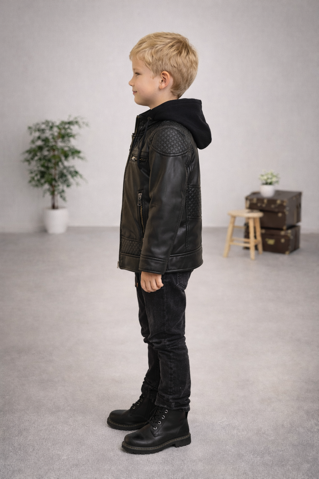 Jungen Lederjacke mit Fellfutter und Kapuze 5121 - Schwarz