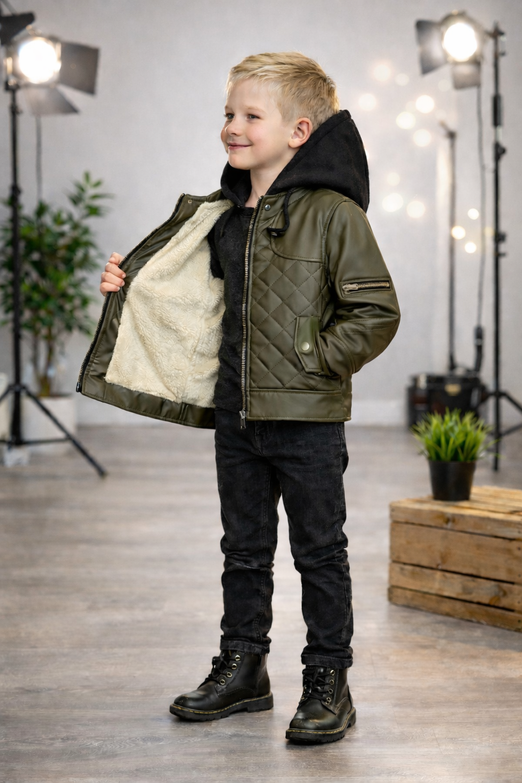 Jungen Jacke mit Fellfutter und Kapuze 5124 - Khaki