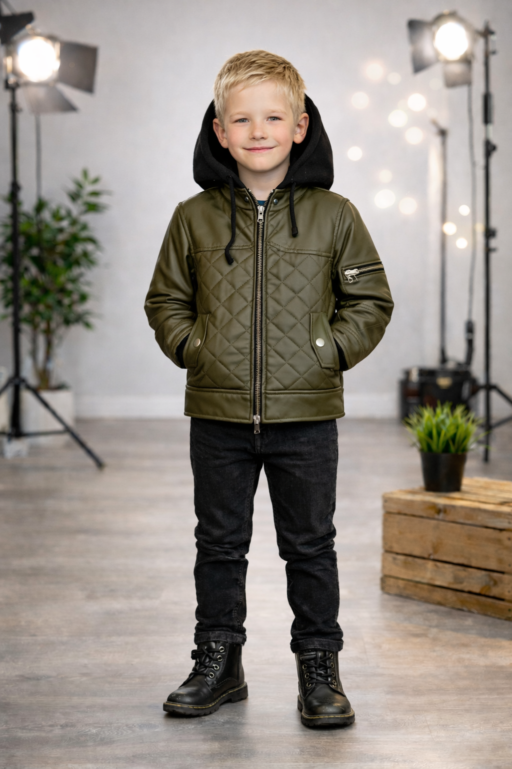 Jungen Jacke mit Fellfutter und Kapuze 5124 - Khaki