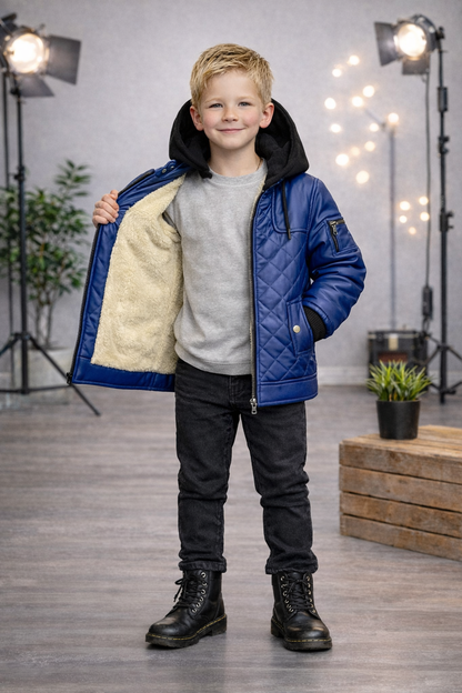 Jungen Jacke mit Fellfutter und Kapuze 5124 - Blau