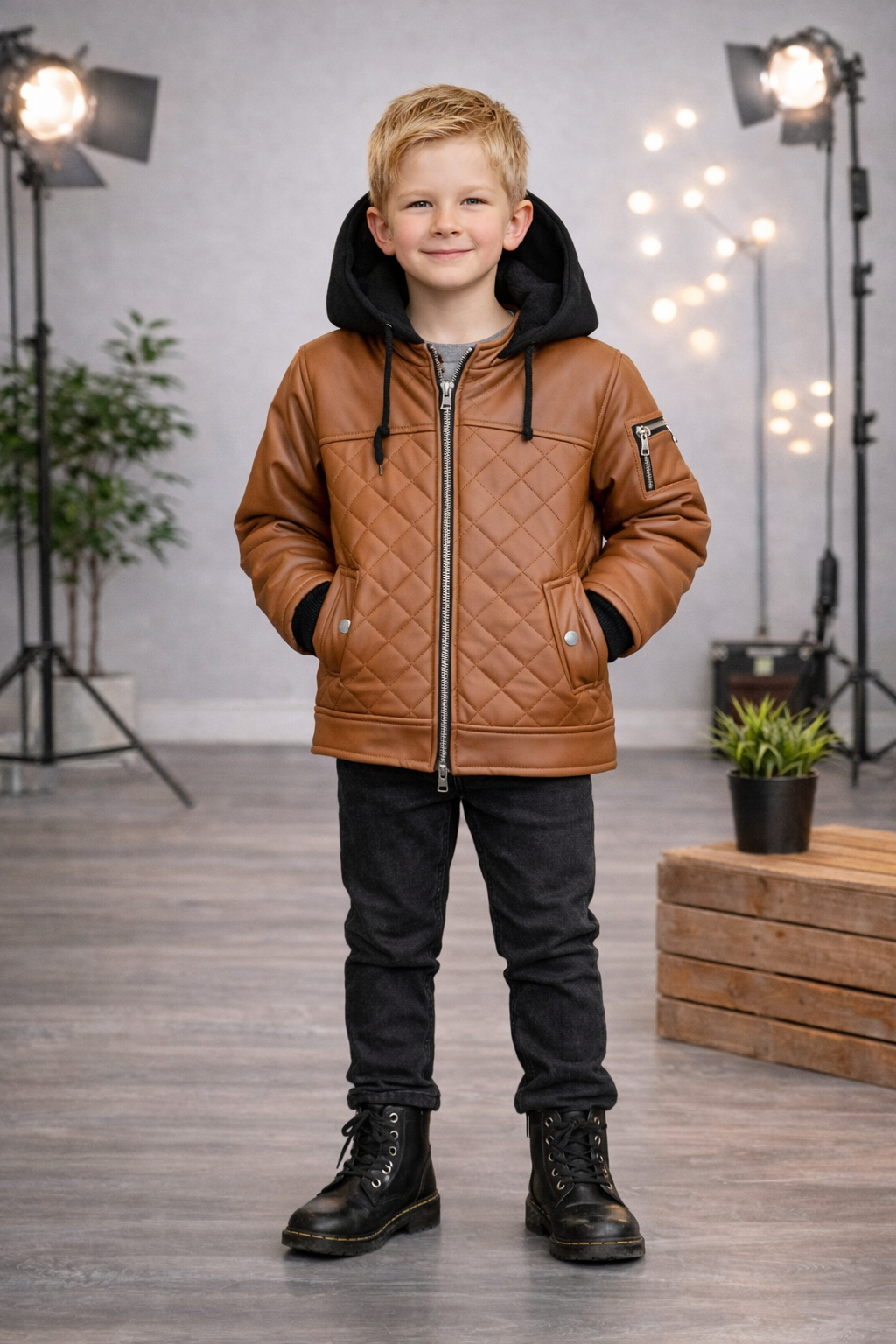 Jungen Jacke mit Fellfutter und Kapuze 5124 - Cognac