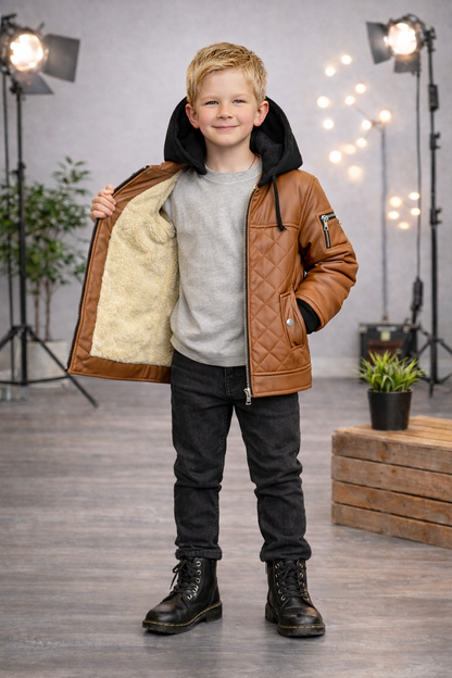 Jungen Jacke mit Fellfutter und Kapuze 5124 - Cognac