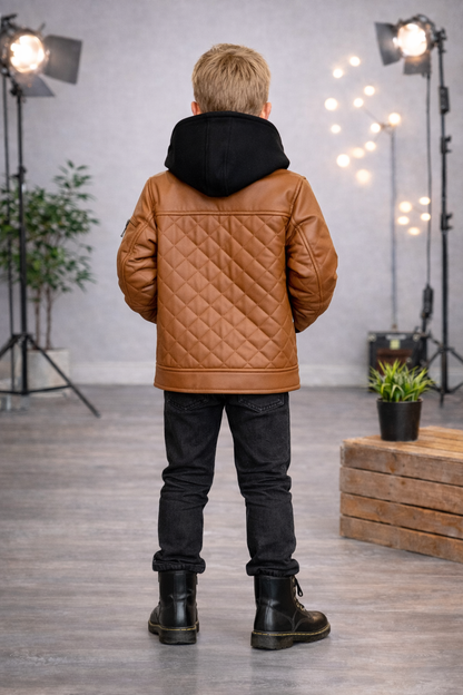 Jungen Jacke mit Fellfutter und Kapuze 5124 - Cognac