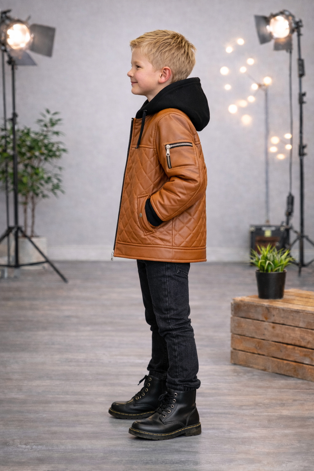 Jungen Jacke mit Fellfutter und Kapuze 5124 - Cognac