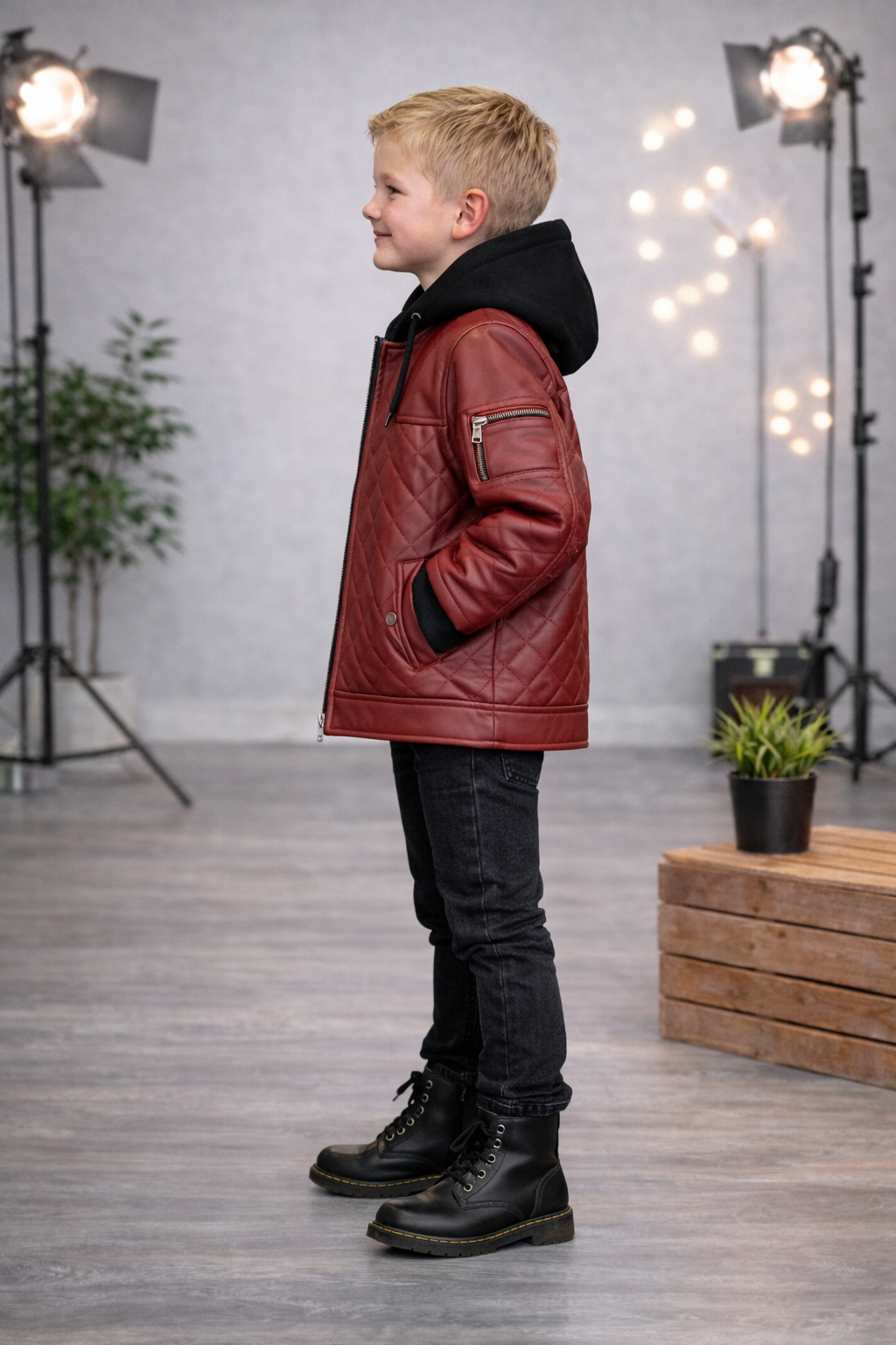 Jungen Jacke mit Fellfutter und Kapuze 5124 - Bordeaux