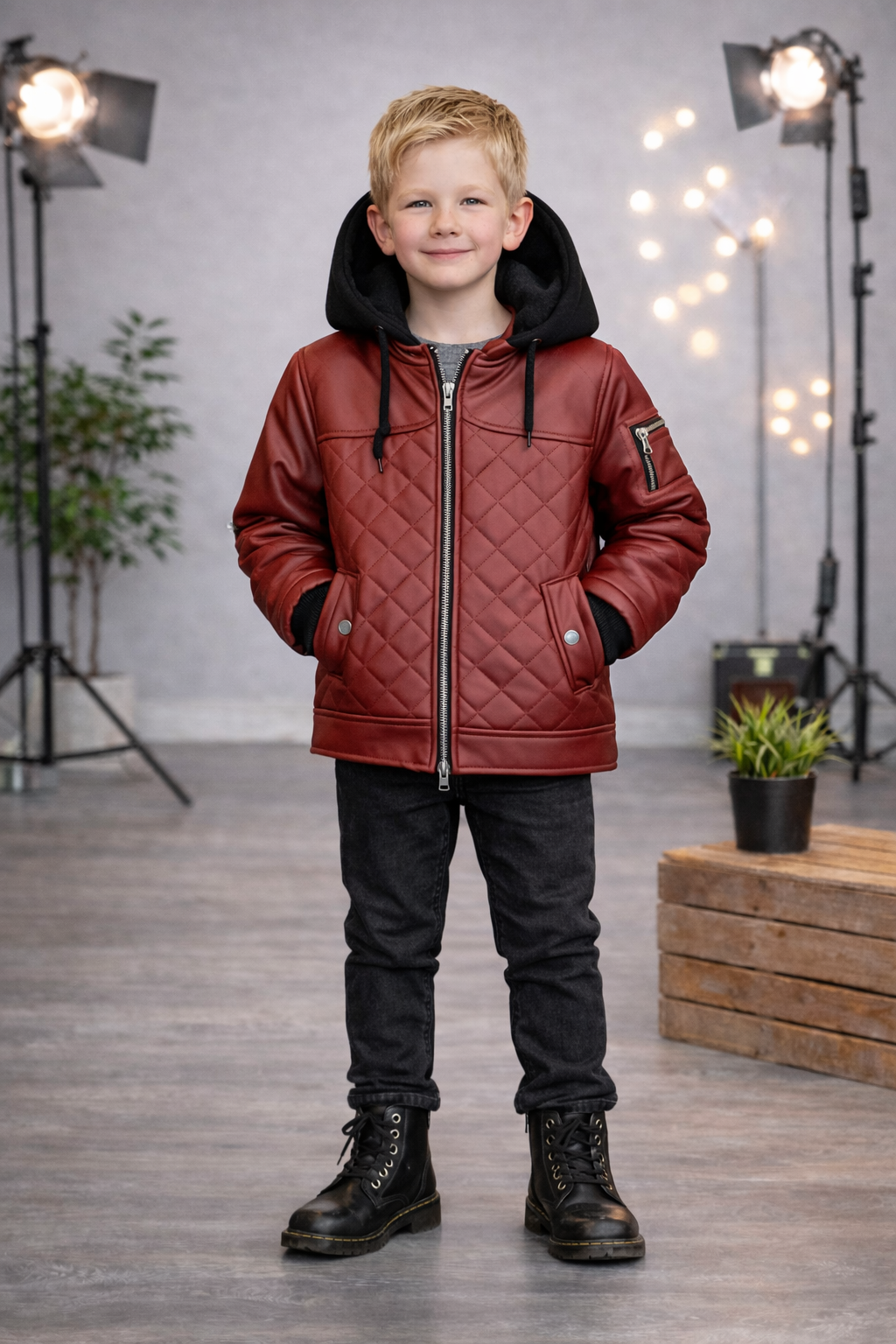 Jungen Jacke mit Fellfutter und Kapuze 5124 - Bordeaux