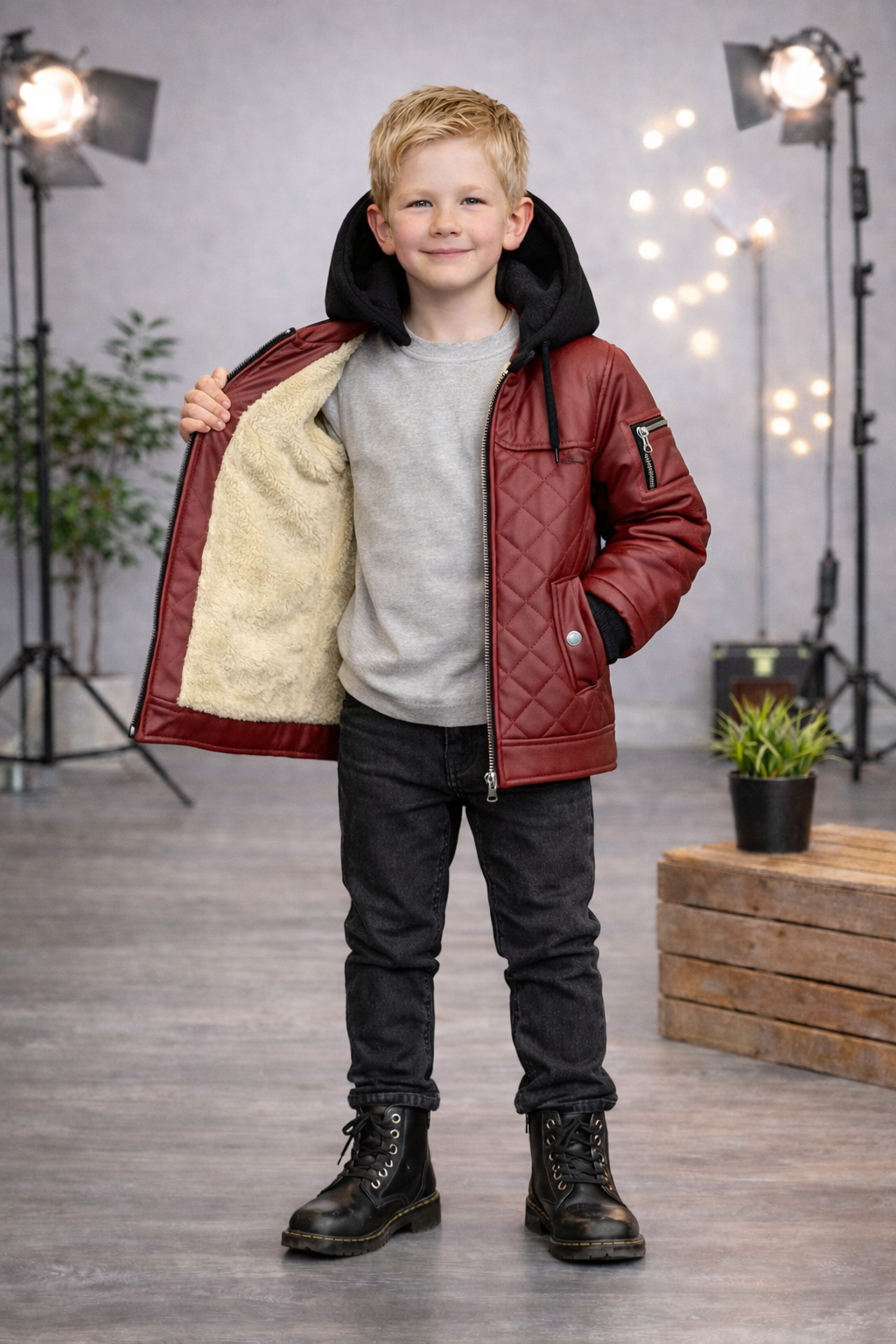 Jungen Jacke mit Fellfutter und Kapuze 5124 - Bordeaux