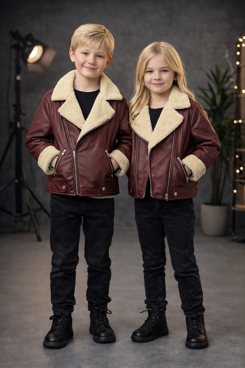 Unisex Kinder Lederjacke mit Fellfutter 5128 - Bordeaux