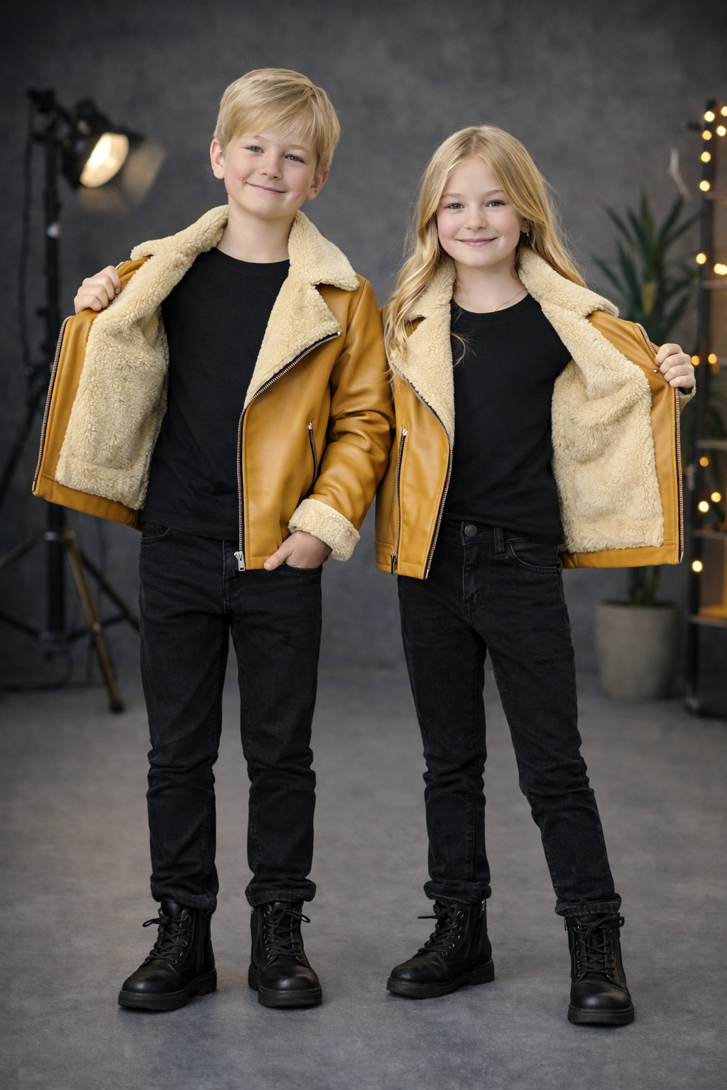 Unisex Kinder Lederjacke mit Fellfutter 5128 - Gelb