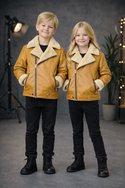 Unisex Kinder Lederjacke mit Fellfutter 5128 - Gelb