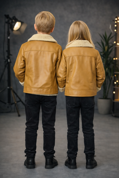 Unisex Kinder Lederjacke mit Fellfutter 5128 - Gelb