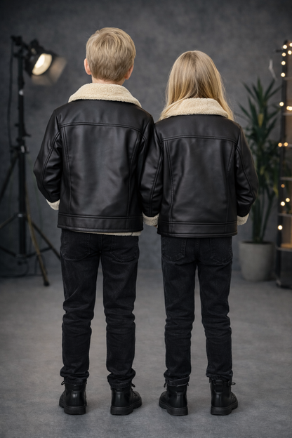 Unisex Kinder Lederjacke mit Fellfutter 5128 - Schwarz