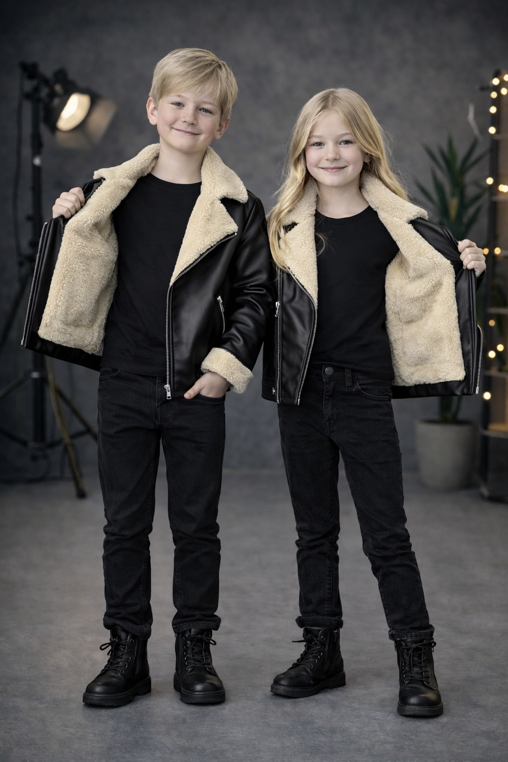 Unisex Kinder Lederjacke mit Fellfutter 5128 - Schwarz